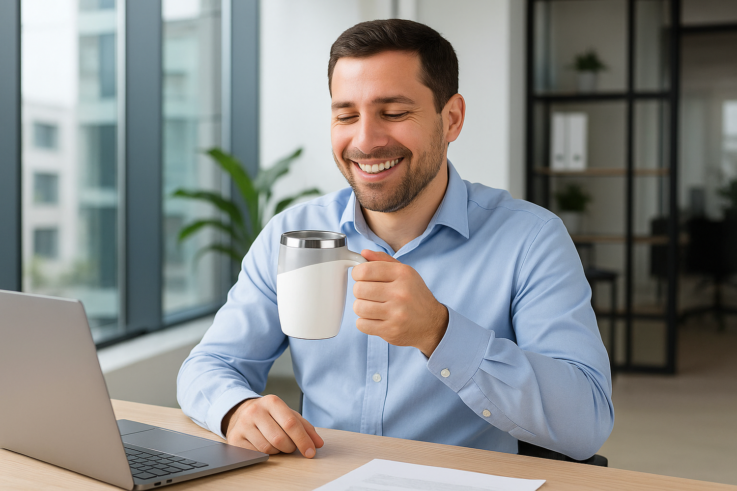 Homem usando caneca mixer no escritório