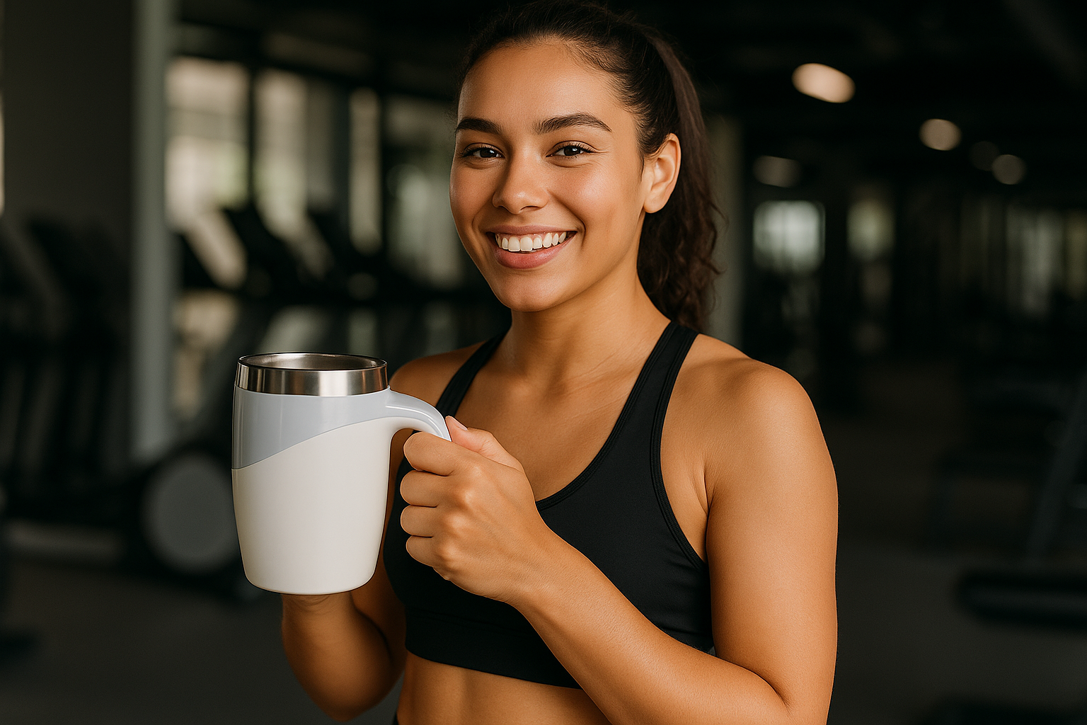 Jovem usando caneca mixer corretamente