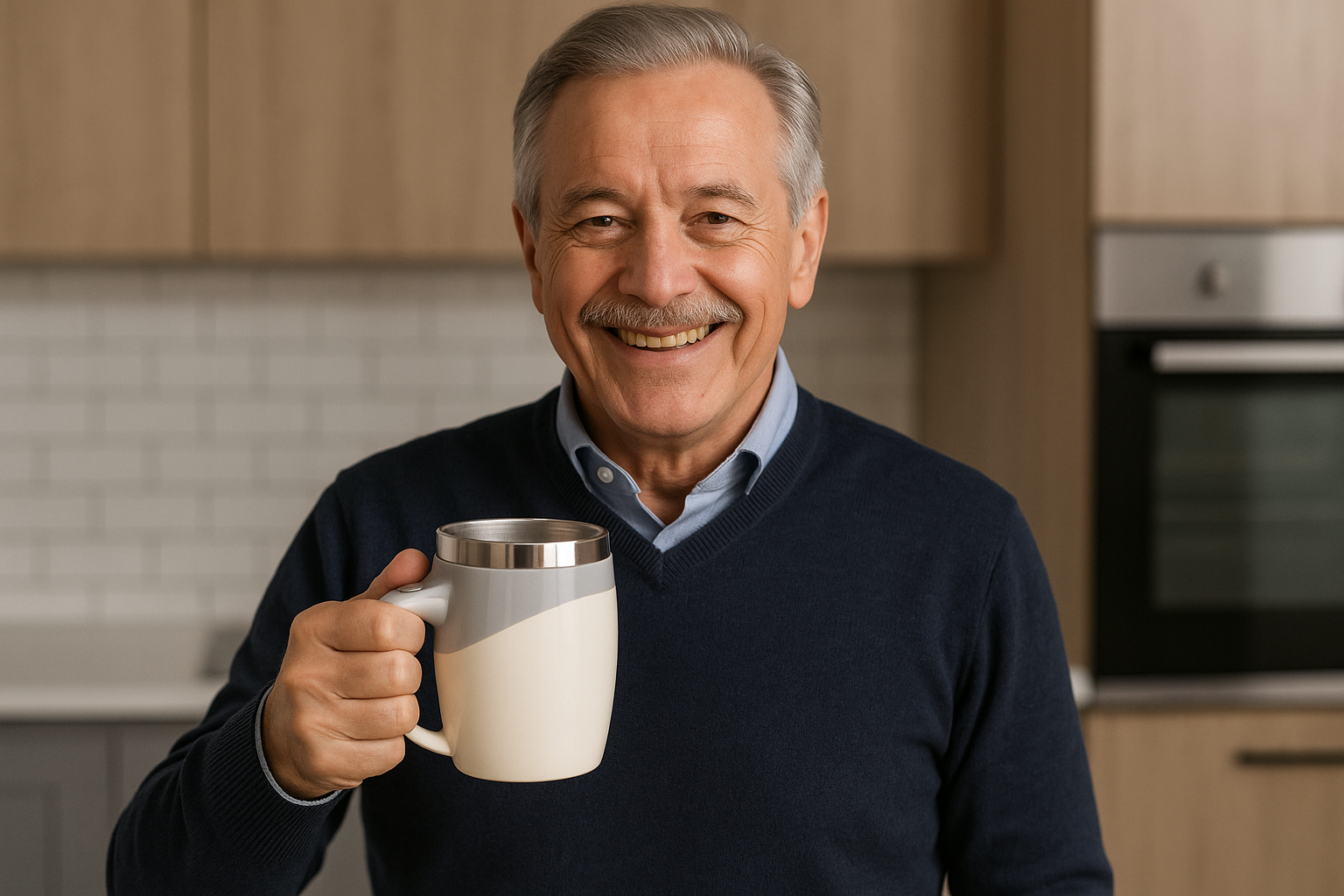 Senhor usando caneca mixer corretamente