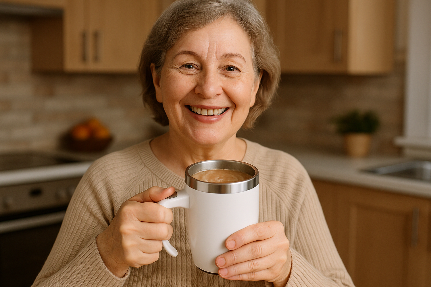 Senhora usando caneca mixer corretamente